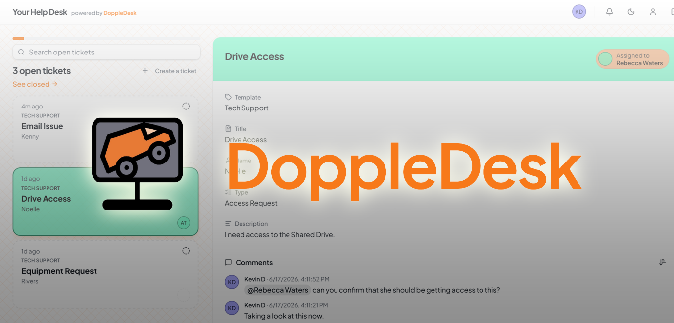 The DoppleDesk logo I designed, overlaid over the ticket queue.