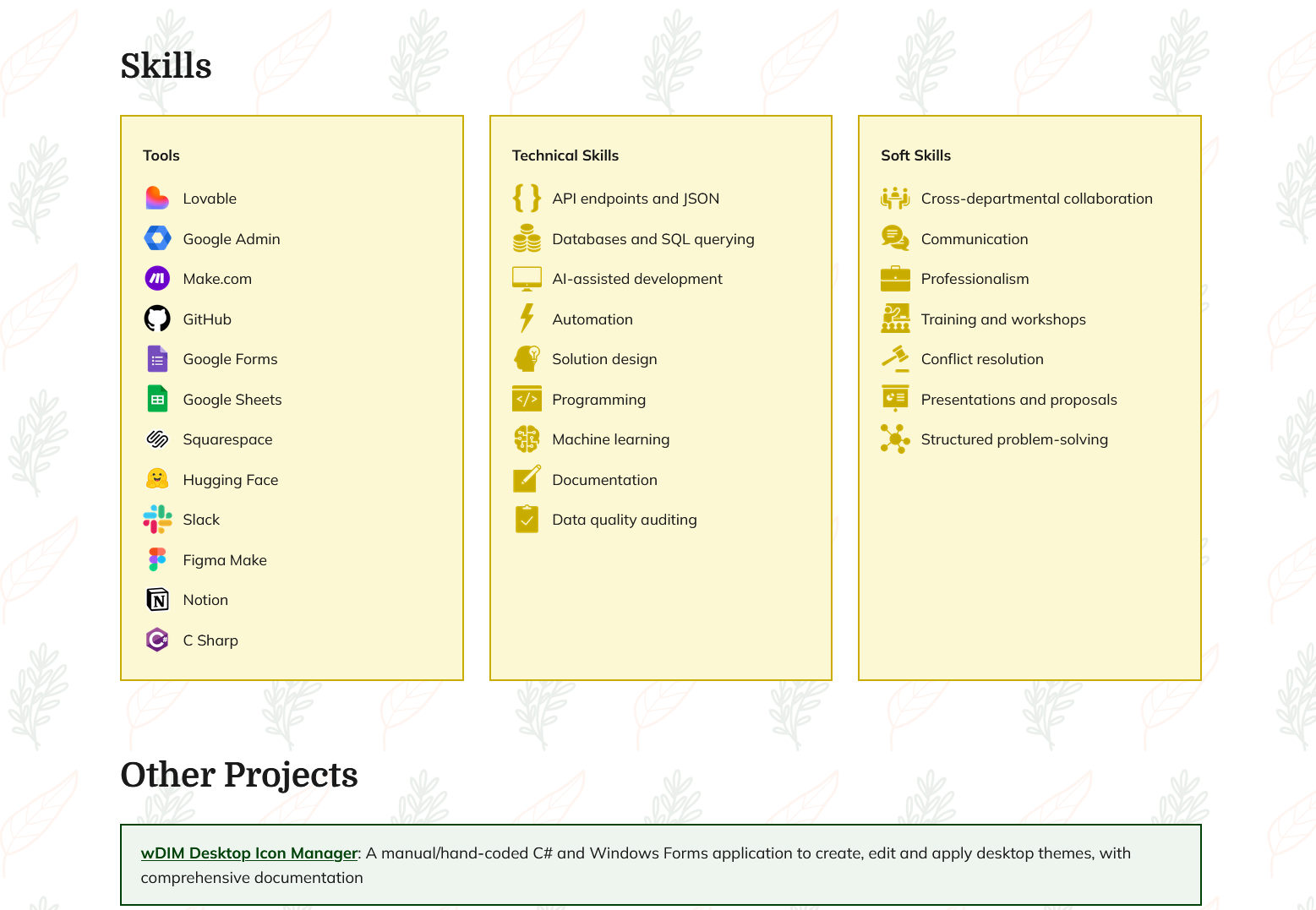 The end result of that same section, after going through my design edits, hand-chosen icons, and real data. This has much more personality, don't you think?